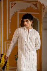 Royal White Sequin Embroidered Mens Kurta